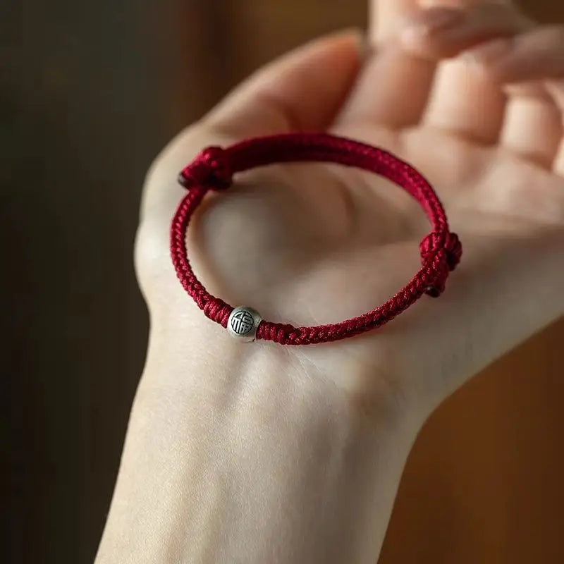 Sterling Silver S925 Fu Bead Red Rope Lucky Bracelet for Birth Year Handmade Braiding String Lucky Jewelry Gift for Dragon Year