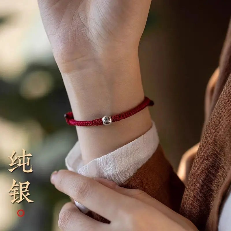 Sterling Silver S925 Fu Bead Red Rope Lucky Bracelet for Birth Year Handmade Braiding String Lucky Jewelry Gift for Dragon Year