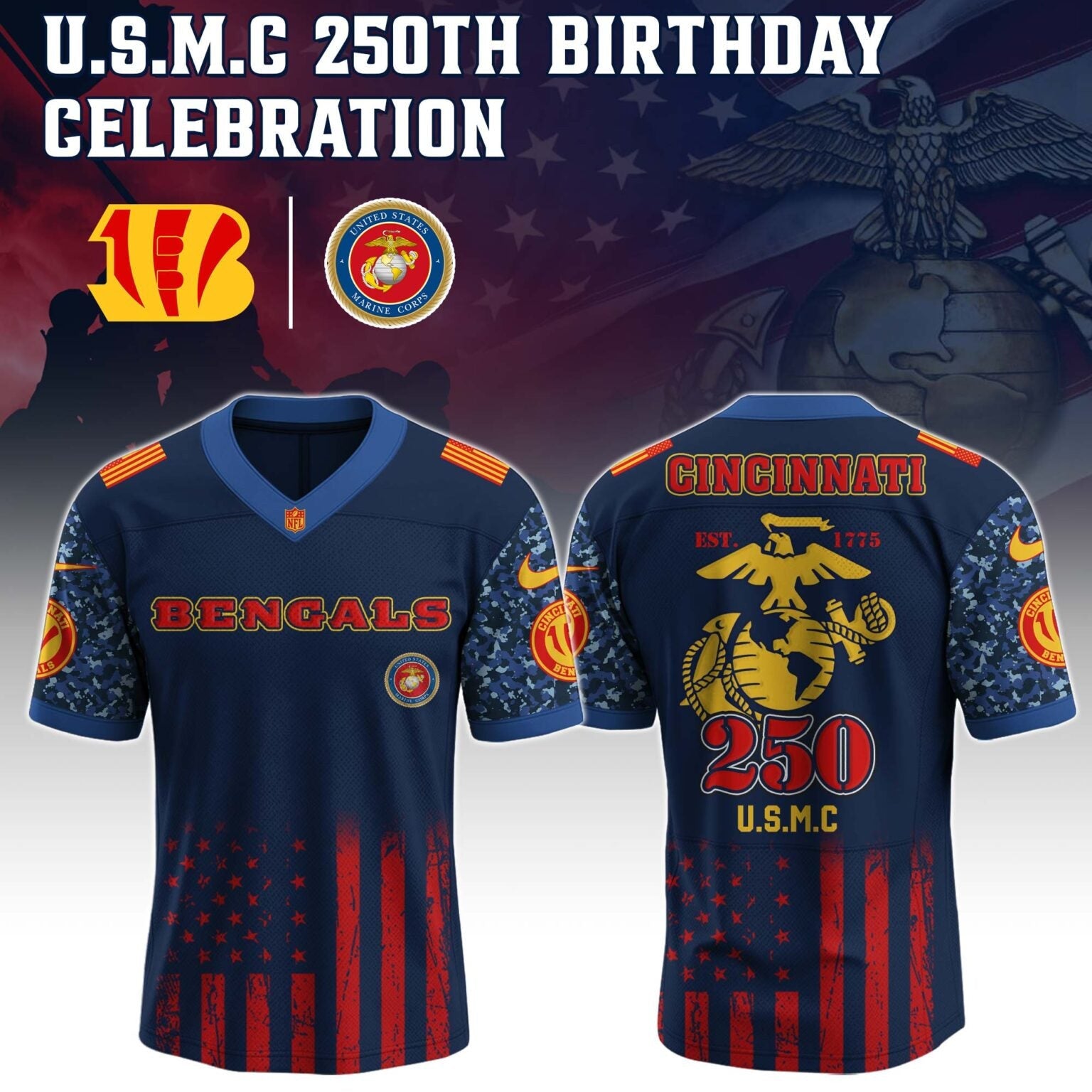 Cincinnati Bengals NFL x U.S.M.C 250TH Birthday Special Edition Jersey